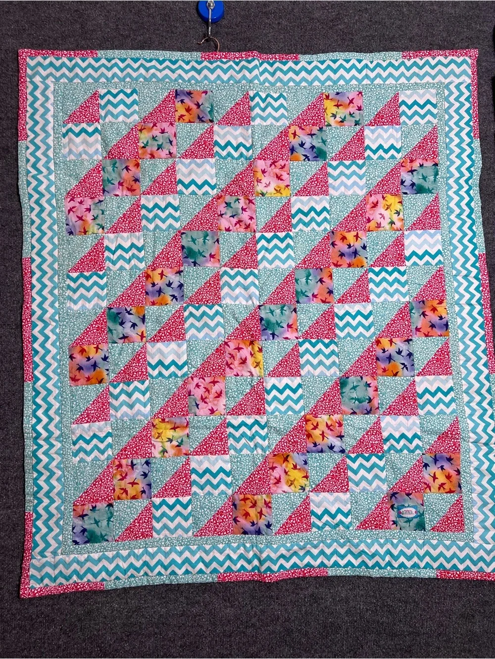 Colorful Chevron & Star Patchwork Quilt in Turquoise and Pink